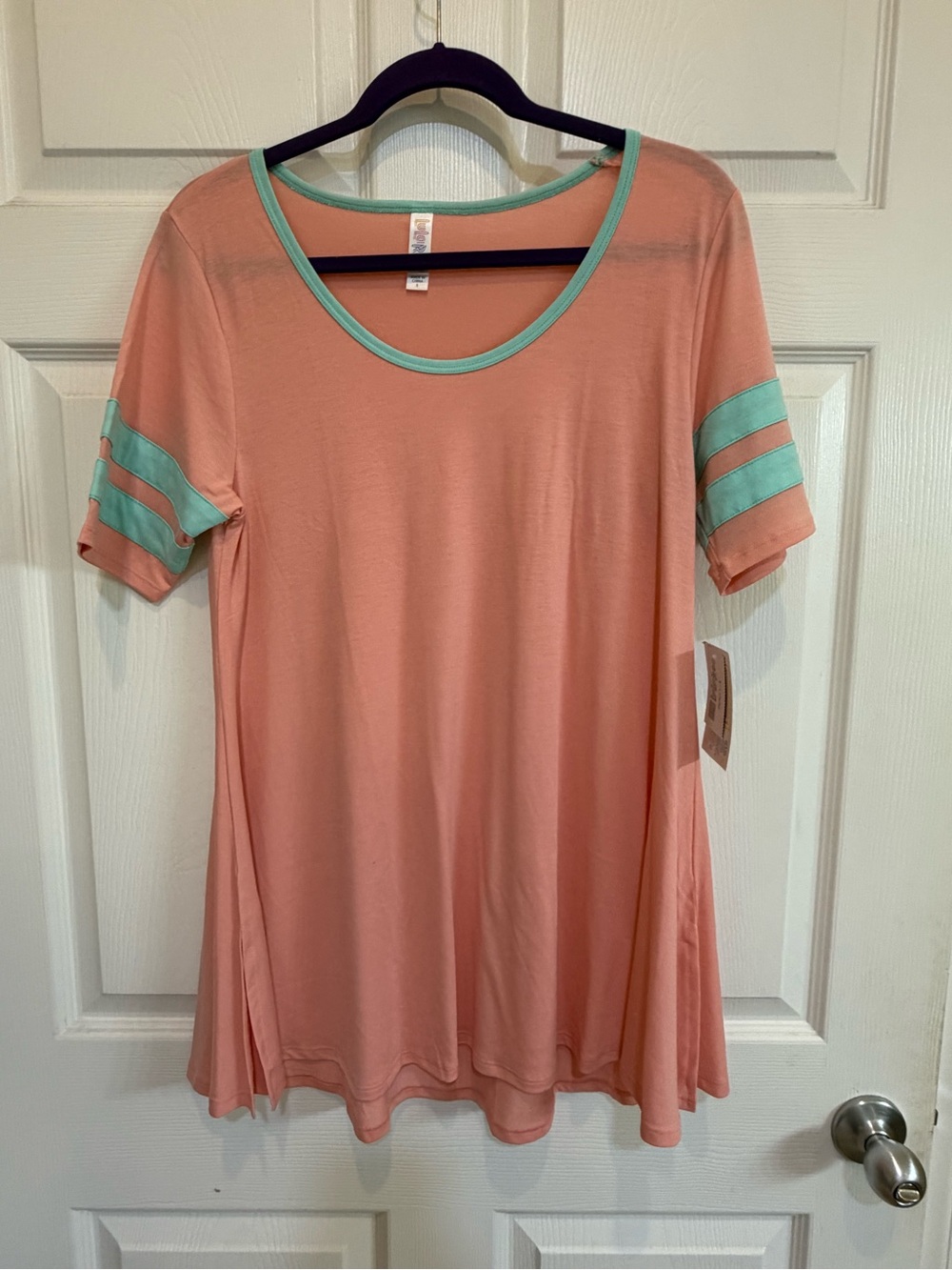 NWT LuLaRoe Perfect T Swing Tunic Top Peach Mint Varsity stripes,Sz Small
